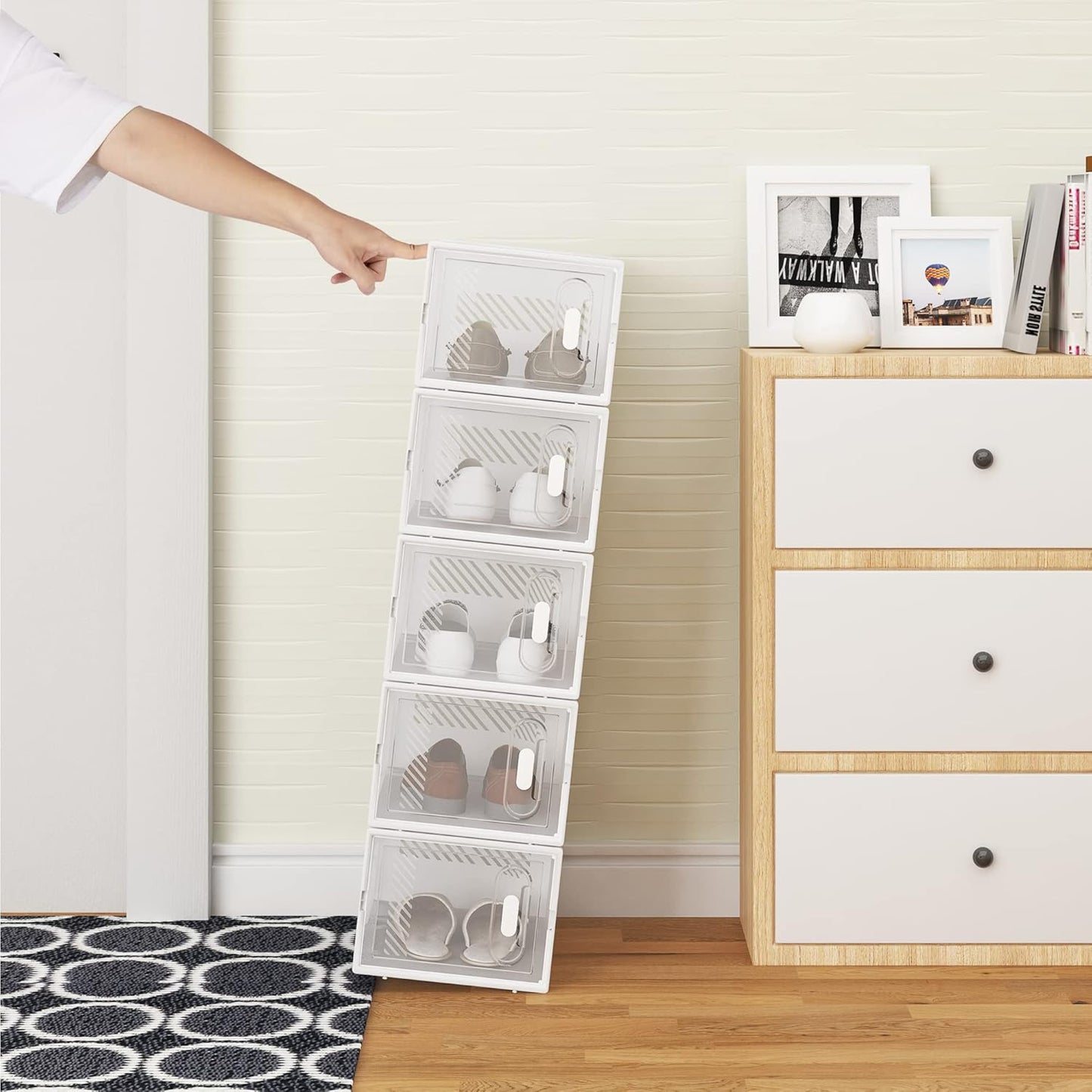 Woltu Schoenendozen Transparant Wit - 12 Stuks - Stapelbaar & Opvouwbaar - Met Voorklep - 25x19x35 cm