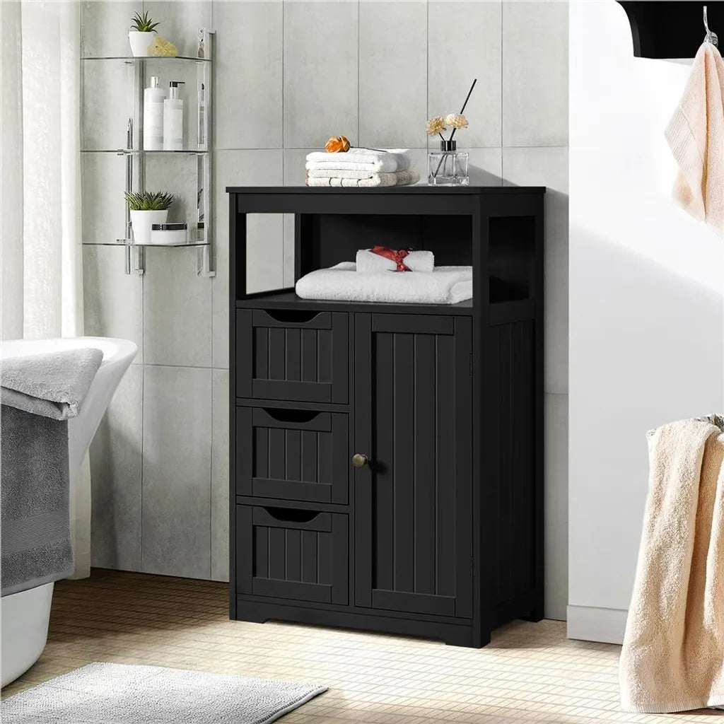 Yaheetech Badkamerkast 55,5 x 29,5 x 86,5 cm - Zwart - Badkamermeubel met 3 Lades en Verstelbare Plank
