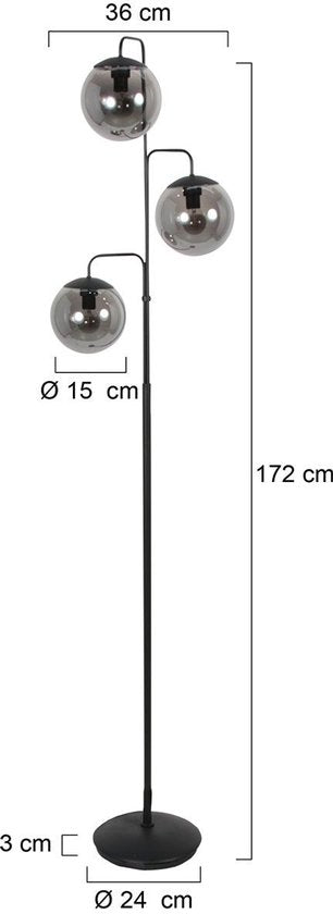 Vloerlamp Bollique 4611ZW van Steinhauer - Stijlvol zwart metaal met 3 smoke glazen bollen, hoogte 173 cm, ronde voet 40 cm, perfect voor binnengebruik