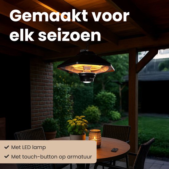 Auronic Terrasverwarmer - Infrarood Verwarming - Hangend - 20m2 - Elektrisch - 2000W - Afstandsbediening - 3 Standen - Zwart