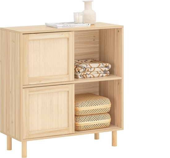 SoBuy Dressoir / Buffetkast met 2 Schuifdeuren en Wieltjes – Houten Opberger – 80×35×87 cm – Naturel