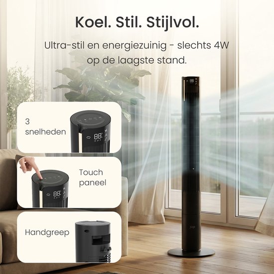 Stille Ventilator met afstandsbediening - Bladloze Torenventilator met Timer en 3 blaasstanden - Energiezuinig (60W) - Slaapkamer - Mat zwart - JAP Appliances Toronto L