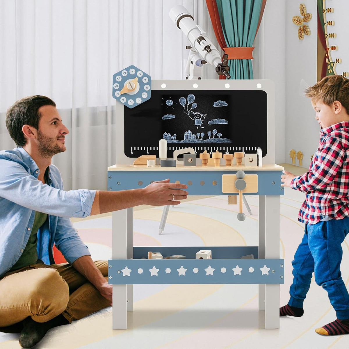 Coast Houten Speelgoedwerkbank - Inclusief Accessoires - 2-Laags - Met Krijtbord - 50 x 29 x 73 cm