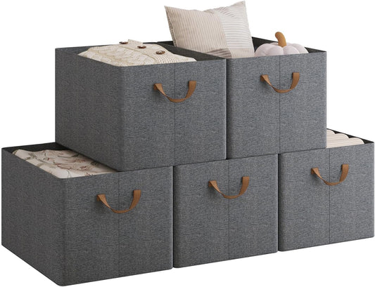 Woltu Opvouwbare Opbergboxen Set van 5 - Grijs - 47 x 35 x 30 cm - Stapelbare Stoffen Opbergkubussen met Handgrepen