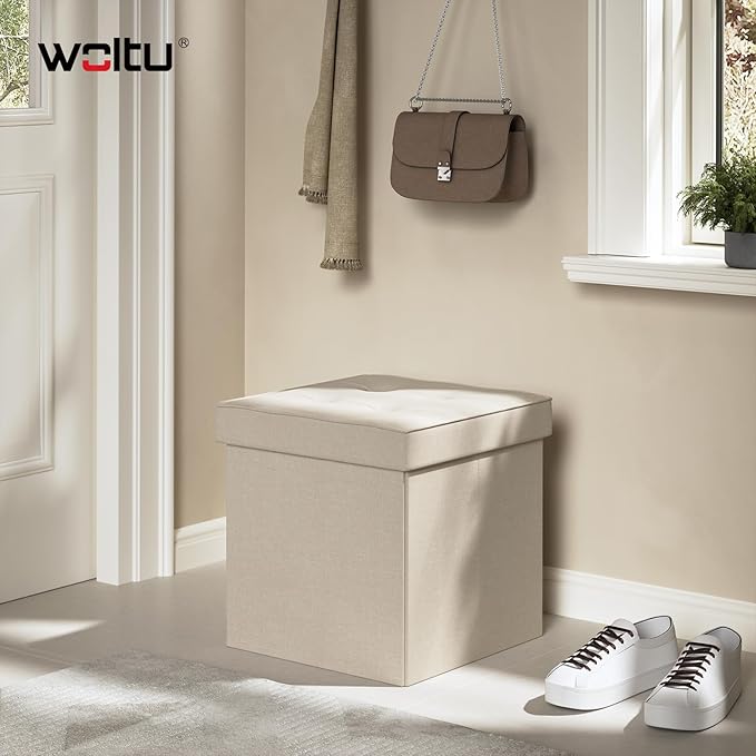 WOLTU opbergpoef met deksel - opbergkruk kubus - inklapbaar - linnen zitting - 37,5 x 37,5 x 38 cm - beige