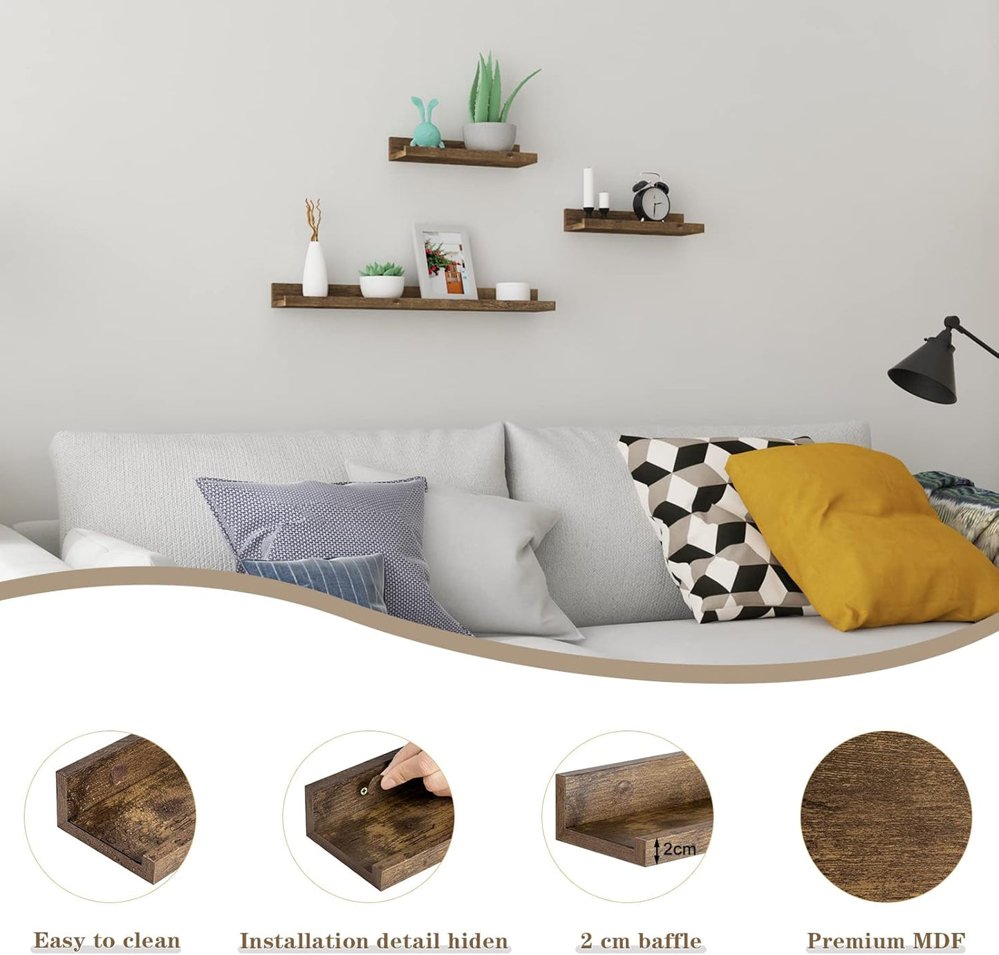 Woltu RG9491HOV Wandplanken Set van 3 - 60 x 10 x 5 cm - Vintage Bruin - Zwevende Fotoplanken met Opstaande Rand