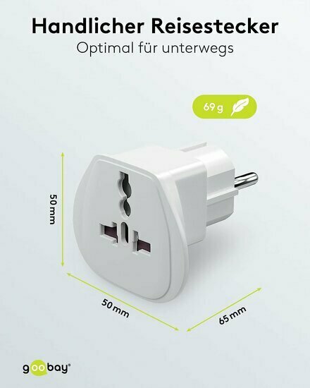 goobay  World to EU Reisadapter Wit - Type F naar UK/CH/IT/US/JP - 16A - 65 x 51 x 51 mm