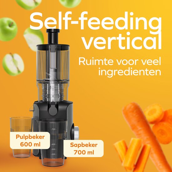 KitchenBrothers Slowjuicer - Verticaal - Juicer - Groenten en Fruitpers - 126 mm - 750 ml - Zwart