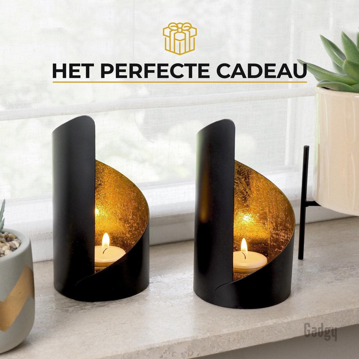 Gadgy Waxinelichthouder Twist - Set van 2 - 16 x Ø8.5 cm - Theelichthouders - Windlicht - Zwart / Goud - Metaal