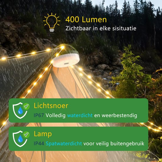 Tech Essentials Solar Camping Lichtsnoer - 100LEDs - 10M - Warm-Wit Licht - Tentlamp - USB-Oplaadbaar - Met Afstandsbediening - Oprolbaar - Kampeerlamp - Zonneenergie Hanglamp - Nood