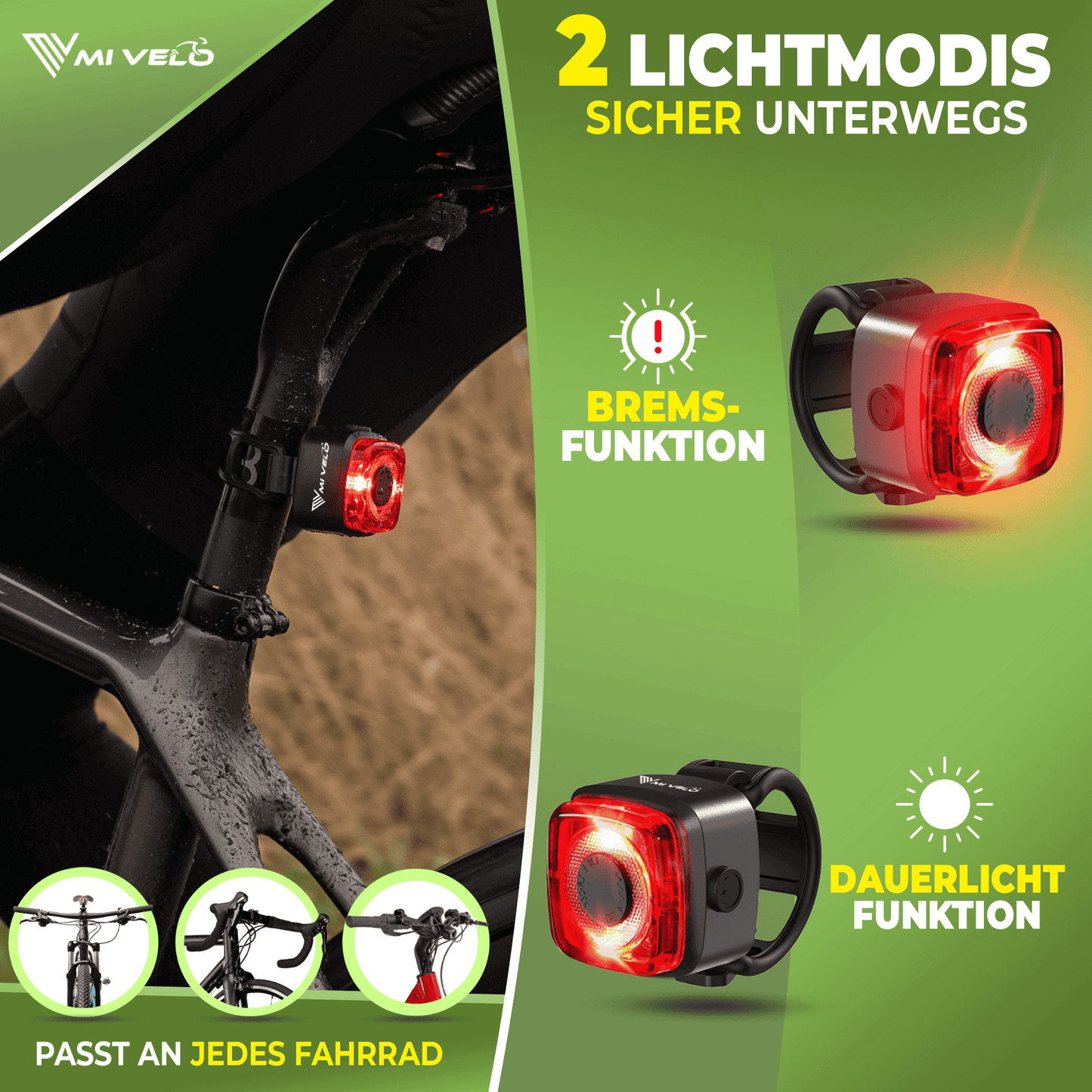 Mivelo - LED Fietsverlichtingsset  'Cube Pro' USB-oplaadbaar met remlicht - Zwart