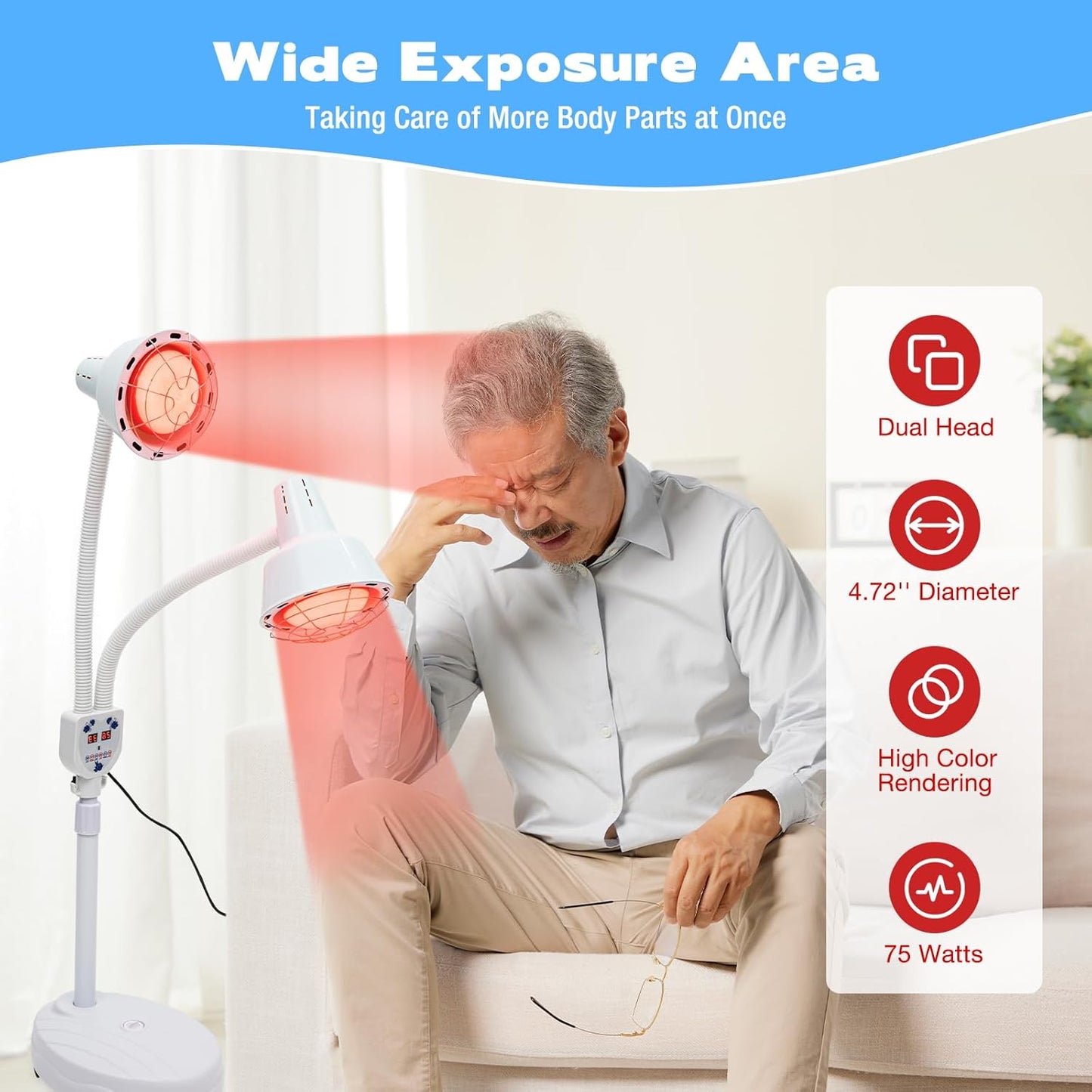 Xigner Dubbele Infrarood Warmtelamp 275W - Verstelbare Standaard 128-158 cm - 360° Draaibare Dubbele Kop - Rode Warmtelamp voor Spierontspanning en Doorbloeding