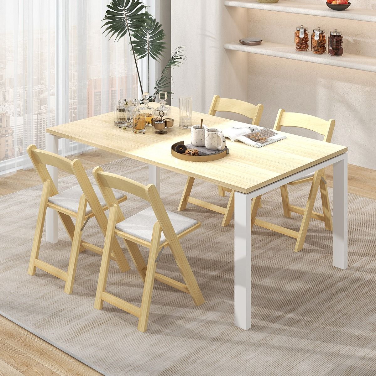 Coast Set van 2 Opvouwbare Eetkamerstoelen – 44x47x77 cm – Natuurkleur – Met Rubberhouten Poten en Gevoerde Zitting