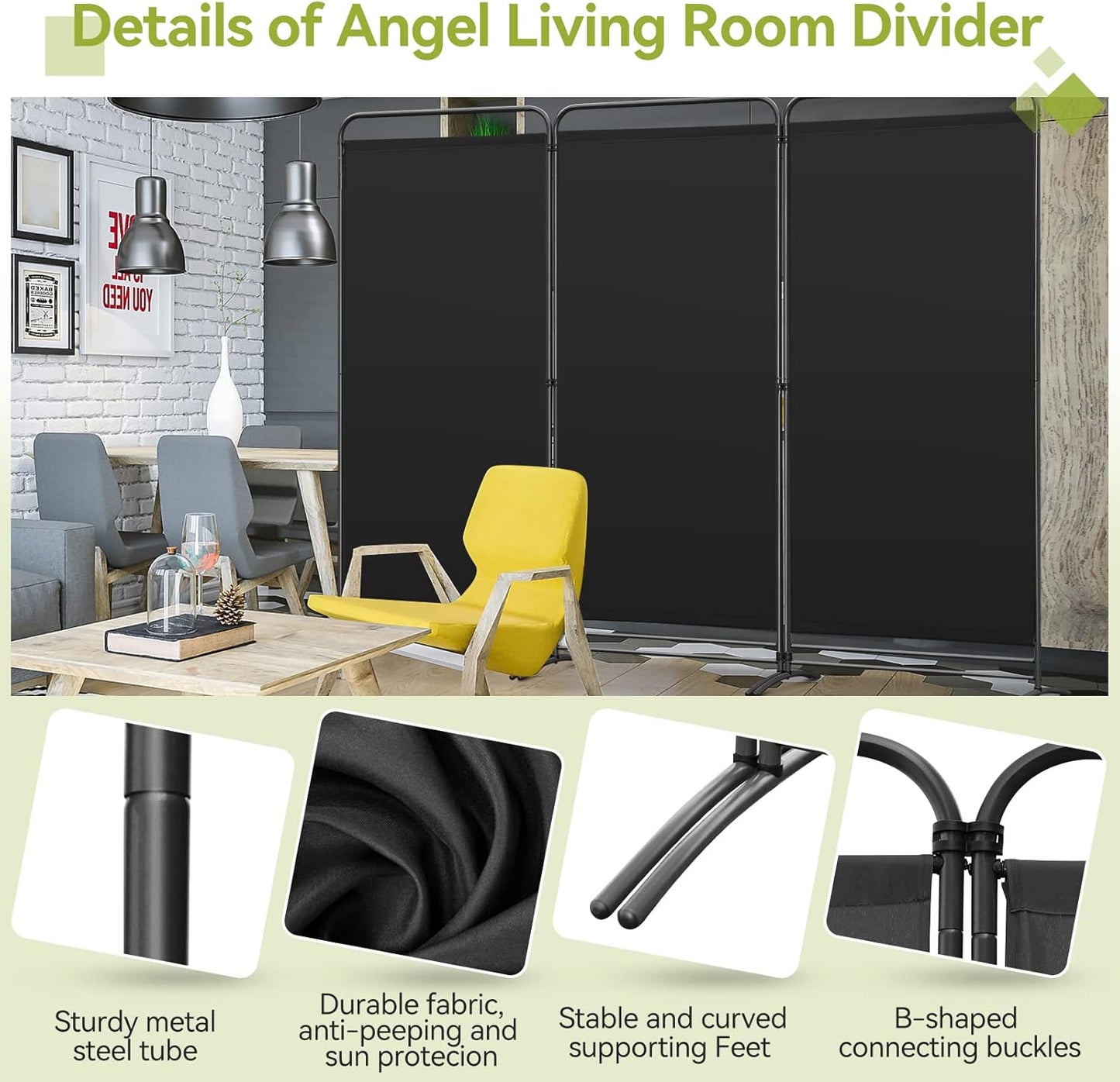 Angel Living Kamerscherm - 3 Panelen - 243 x 180 cm - Zwart