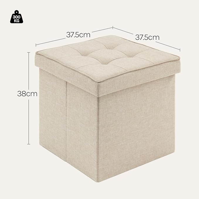 WOLTU opbergpoef met deksel - opbergkruk kubus - inklapbaar - linnen zitting - 37,5 x 37,5 x 38 cm - beige