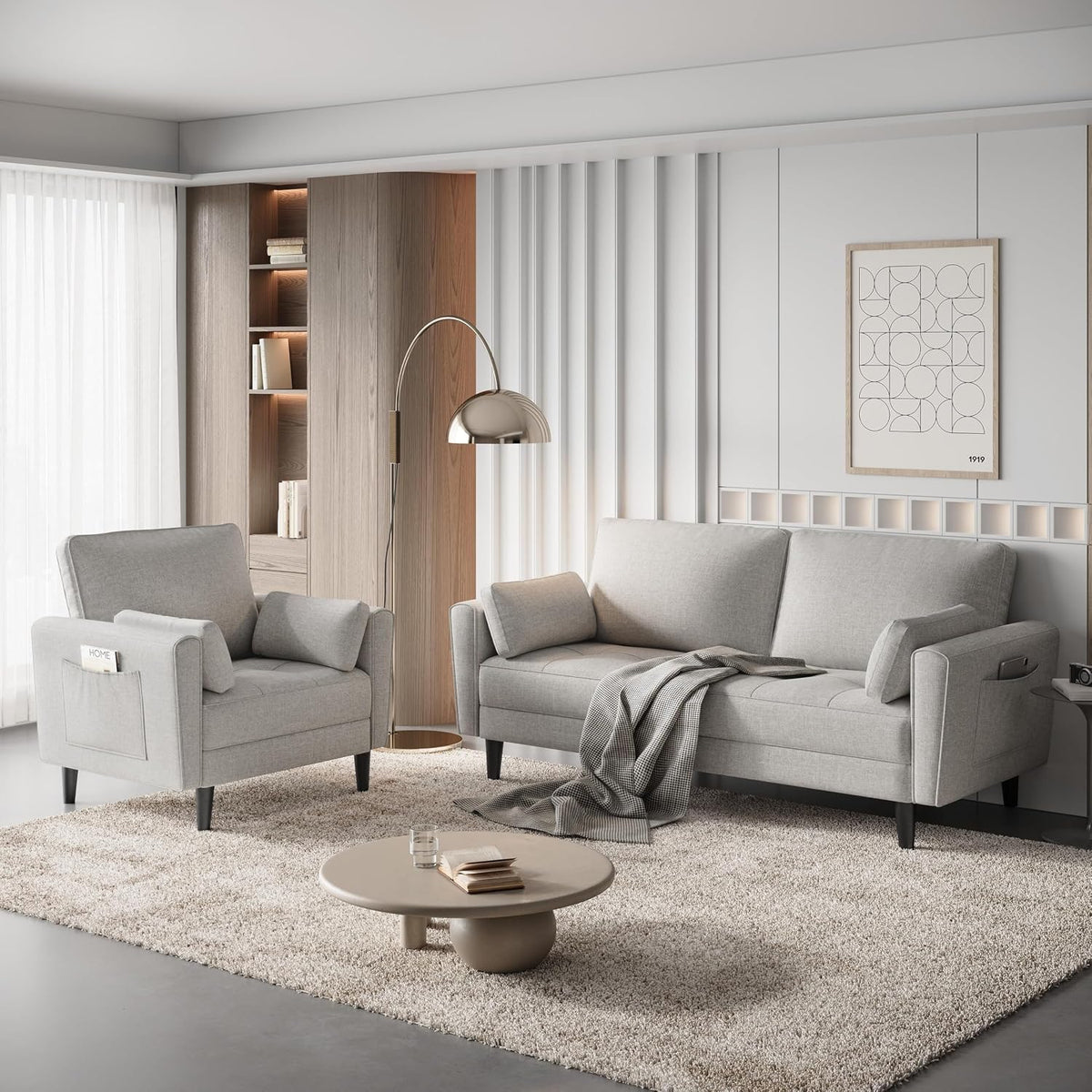 Yaheetech Loveseat Linnen Bank - Grijsbeige - 102,5 x 75 x 85,5 cm - Met 2 Kussens en Zijzakken