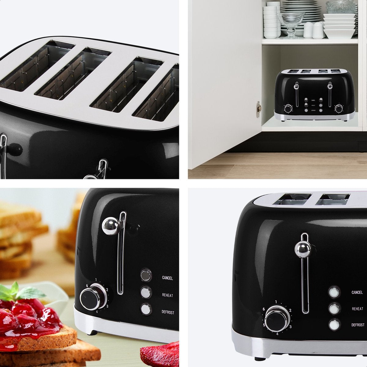KitchenBrothers Retro Broodrooster - Toaster - 6 Warmteniveaus - 4 Extra Brede Sleuven - 1630W - Zwart