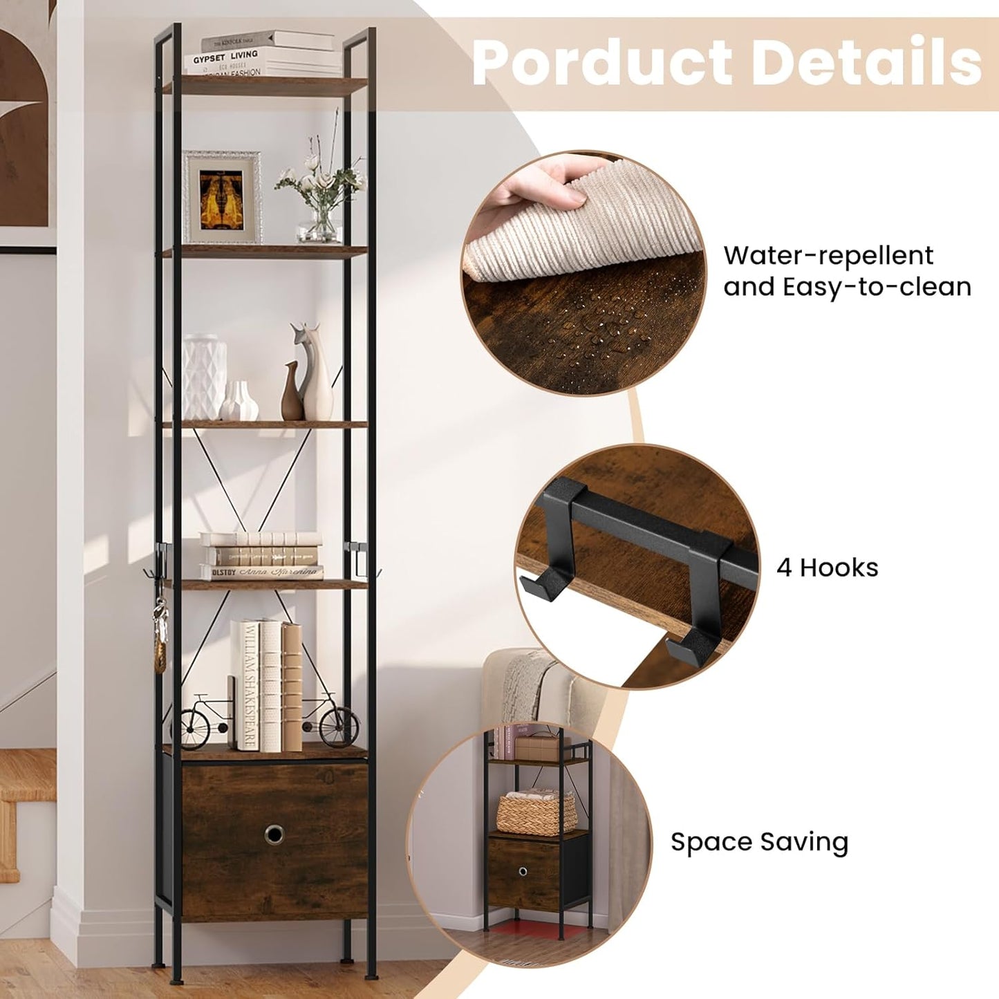 Woltu Boekenkast met 5 Planken en 1 Lade - Metaal/Rustiek Bruin en Zwart - 40 x 30 x 187 cm