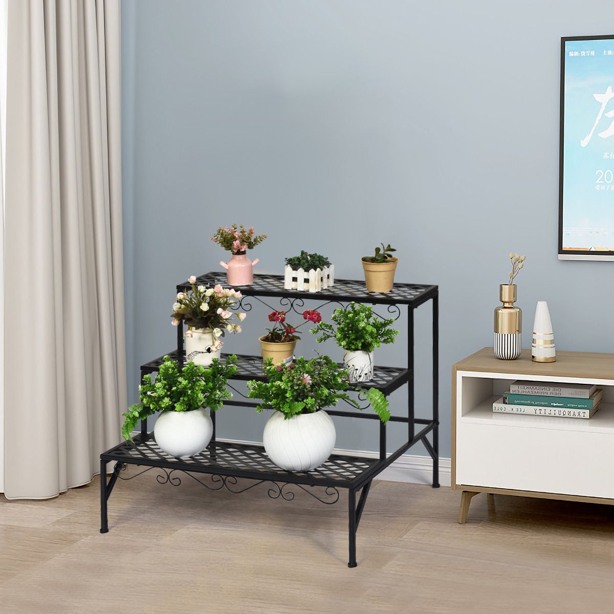 Coast Plantenrek met drie lagen - Metalen bloemenstandaard - Vrijstaande plantentrap - Zwart - 70 x 60 x 60,5 cm