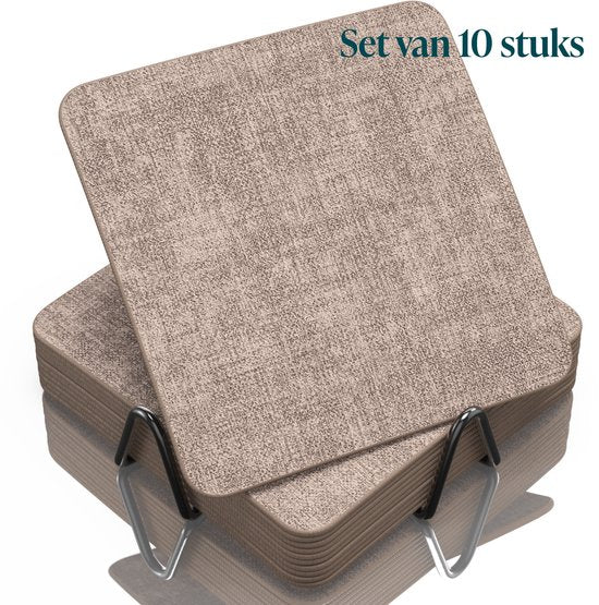 Castagnola Kunstlederen Onderzetters – Onderzetters voor Glazen – Design Onderzetters met Houder – Leren Onderzettersset met metalen houder – Leder – Set van 10 - Gemêleerd Bruin - 10x10cm