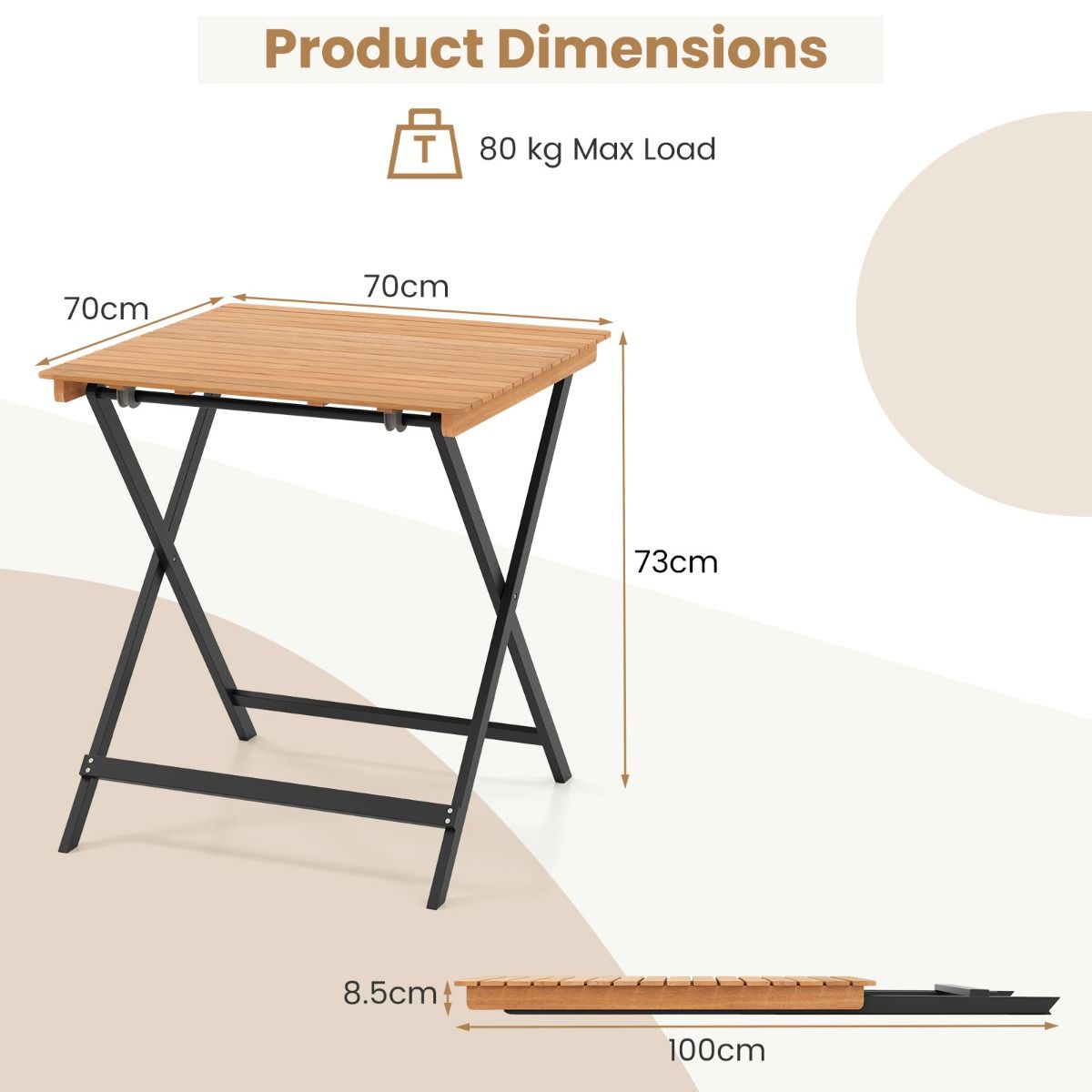 Coast Opklapbare Bijzettafel - X-vormig frame - Acaciahout - Naturel en zwart - 70 x 70 x 73 cm