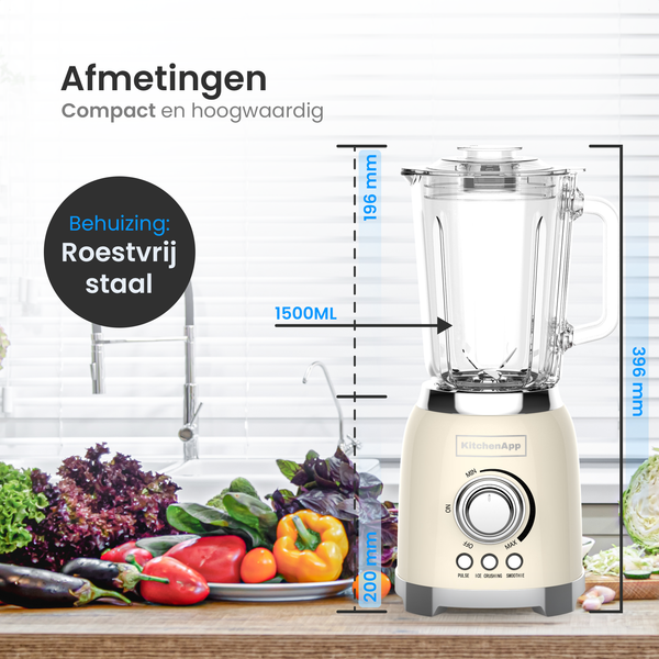KitchenApp Retro Blender 1,5 Liter Glazen Kan - 800 W - Crushed Ice, Smoothie en Pulse - Traploos Regelbaar - Beige