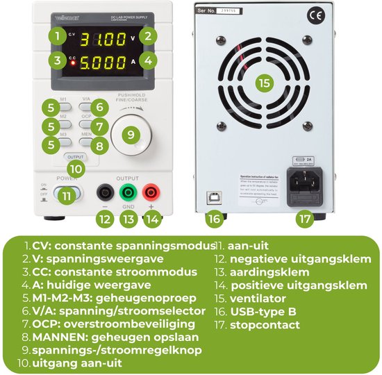 Velleman Laboratoriumvoeding, programmeerbaar via PC, regelbaar, 0-30 VDC/5 A, stroombegrenzing, bescherming tegen kortsluiting, twee 4-cijferige led-schermen, USB-aansluiting