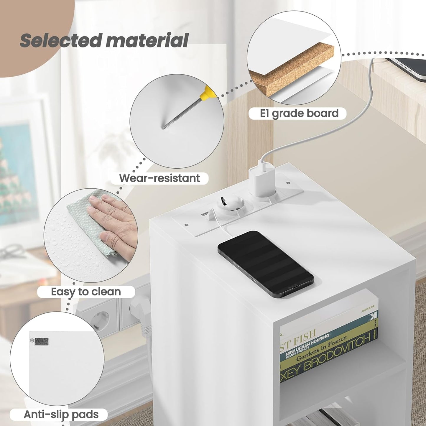 Woltu 2x Nachtkastje met USB en Stopcontact – Wit – 25 x 30 x 60 cm – Compact en Modern Design
