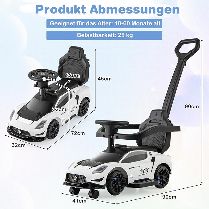 Coast Maserati Loopauto Wit – 3-in-1 Duw- en Loopauto met Muziek en Opbergruimte – 90 x 41 x 90 cm