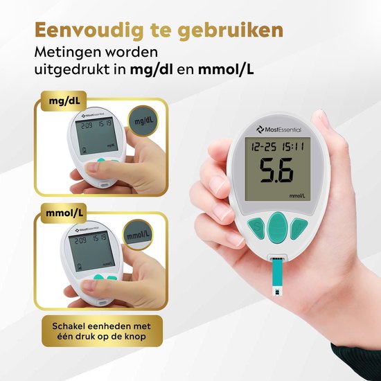 MostEssential Premium Glucosemeter Startpakket - Bloedsuikermeter - Bloedglucosemeter - Diabetes Meter - Alles in één set - Inclusief Opbergtas, Prikpen, 10 Teststrips & 10 Lancetten