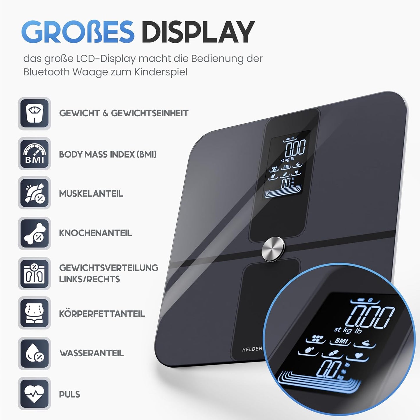 Heldenwerk Weegschaal - Digitaal - 180KG - Bluetooth - 32,9x31,2x4,7cm