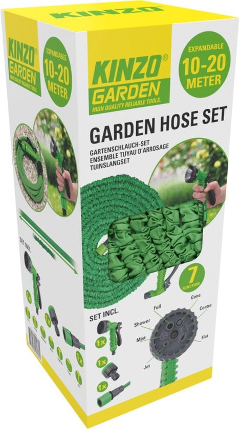 Kinzo Flexibele Tuinslang 20M - Incl. Opzetstuk - Sproeikop met 7 Spraystanden - Kunststof - Groen/Grijs