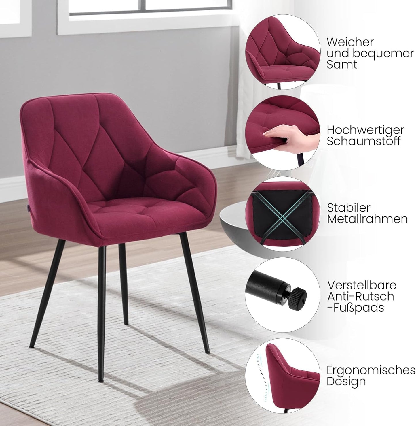 Woltu EZS02bd-1 Eetkamerstoel - Fluweel Bordeaux - 56 x 53 x 83,5 cm - Ergonomische Armstoel met Metalen Poten