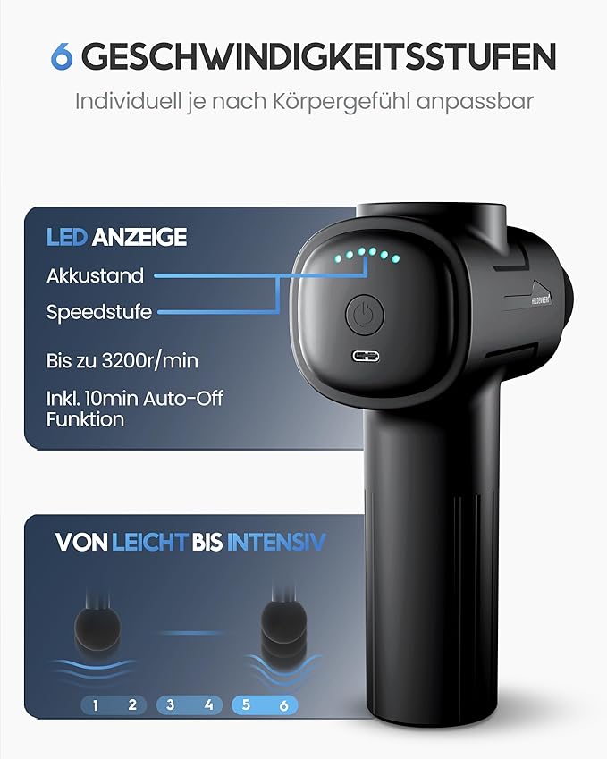Heldenwerk Massagepistool met 6 opzetstukken – 3200 omw/min, USB-C, spiermassageapparaat - Zwart