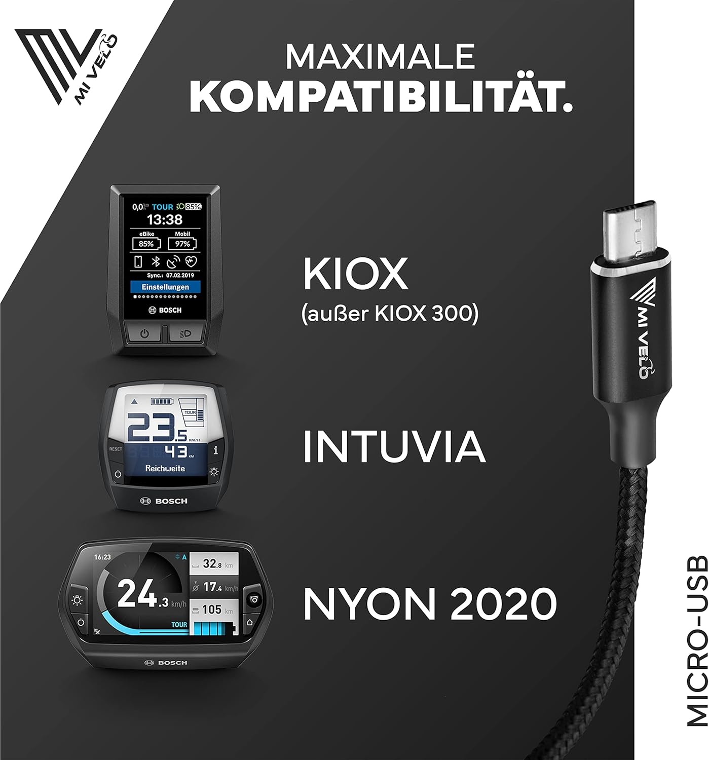 MIVELO E-bike Oplaadkabel voor Bosch Display – 35 cm OTG Kabel voor iPhone (Lightning), USB-C & Micro-USB – Geschikt voor Intuvia, Kiox (niet 300), Nyon (oud model)