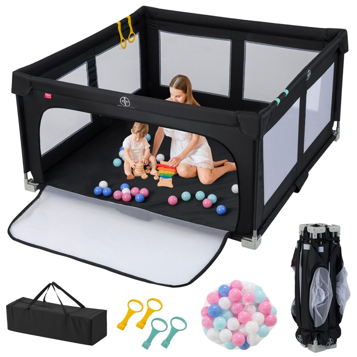 coast Baby Looprek 150 x 150 cm – Opvouwbaar Speelgitter met 50 Ballen, 4 Handgrepen & Ritsdeur – Zwart