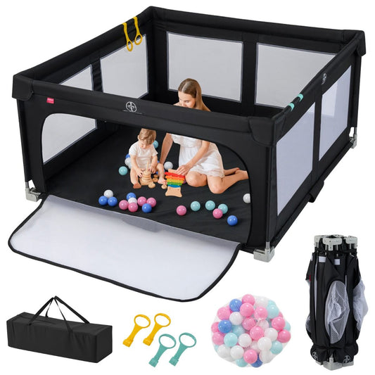 coast Baby Looprek 150 x 150 cm – Opvouwbaar Speelgitter met 50 Ballen, 4 Handgrepen & Ritsdeur – Zwart