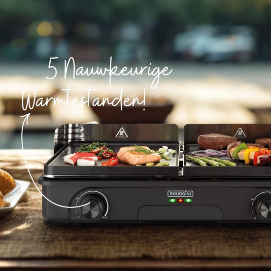 Bourgini Plancha Pure voor 8 personen – Keramische coating (PFAS-vrij) – Elektrisch – Gezond grillen - Bakplaat - Grillplaat - Keerbare bakplaat ribbel en vlak