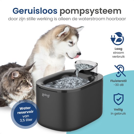 Gologi Drinkfontein Kat en Hond XL – 3,5L – Slimme Waterfontein met app – Kattenfontein – Geruisloos – Zwart