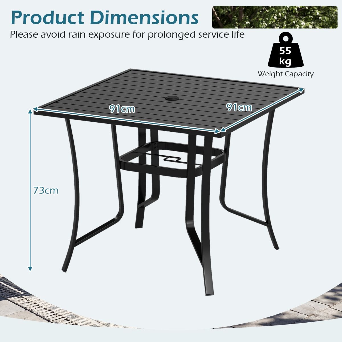 Coast tuintafel met parasolgat - vierkante eettafel - lattenblad - zwart - 91 x 91 cm