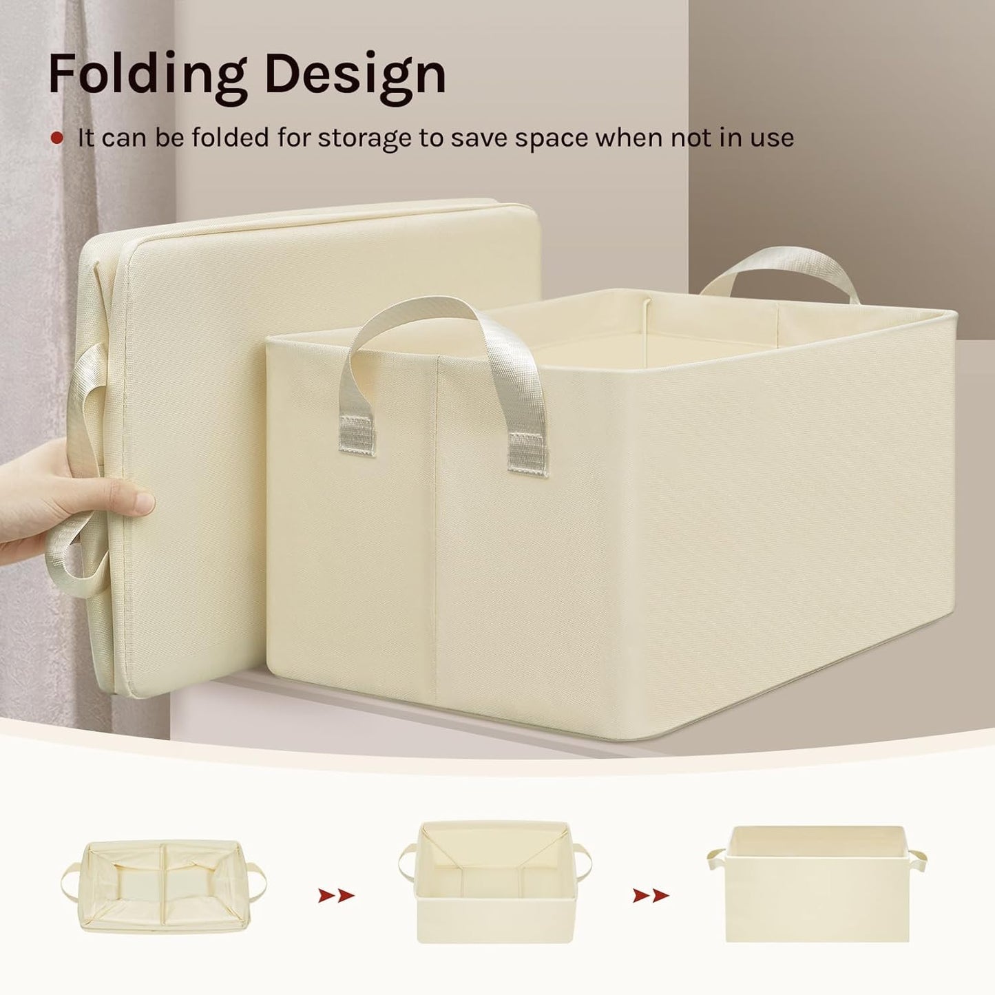 Woltu Opvouwbare Opbergdozen Set van 5 - Stof Opbergkubussen met Handgrepen - Stapelbare Opbergboxen voor Kleding en Speelgoed - Crme - 37,5 x 20 x 26 cm