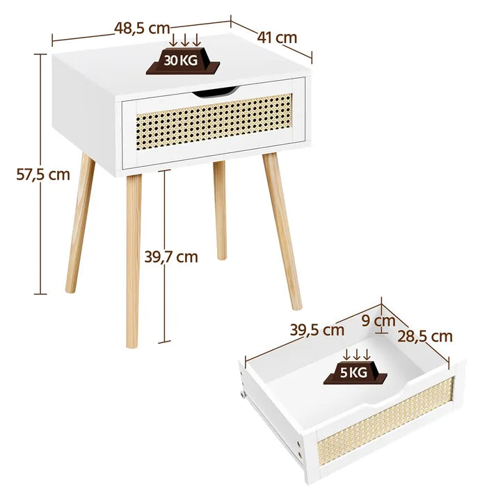 Yaheetech Nachtkastje 48,5 x 40 x 57,5 cm - Rattan Look - 1 Lade - Wit