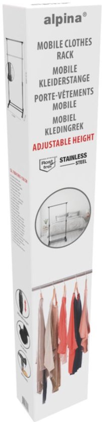 alpina Kledingrek met Wieltjes - Kleding Rek Hoogte Verstelbaar 93 - 158cm - Mobiele Kledingstang - Zwart