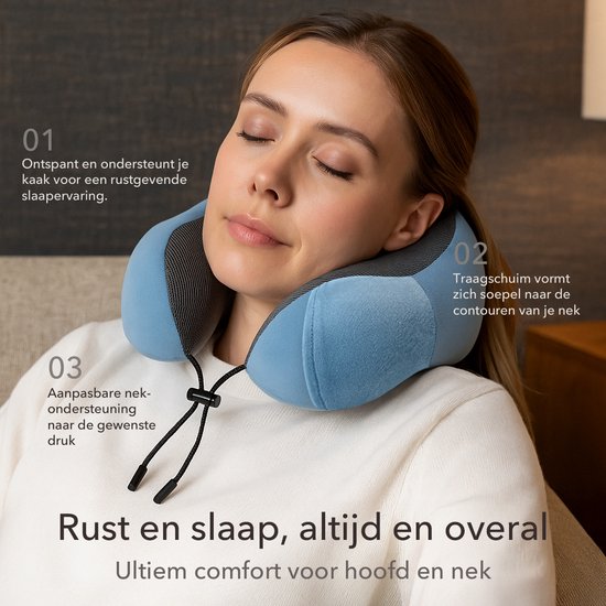 SC Reizen Essentiëlen - Nek Kussen Set 3-delig - Ergonomisch Memory Foam Reiskussen met Oogmasker en Oordoppen - Ideaal voor Vliegtuig, Auto en Trein - Compact en Luxe - Royal Blue