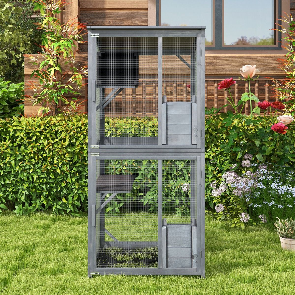 Coast Houten Kattenhuis - Weerbestendig asfaltdak - Met wielen en platforms - Grijs 80 x 70 x 182 cm