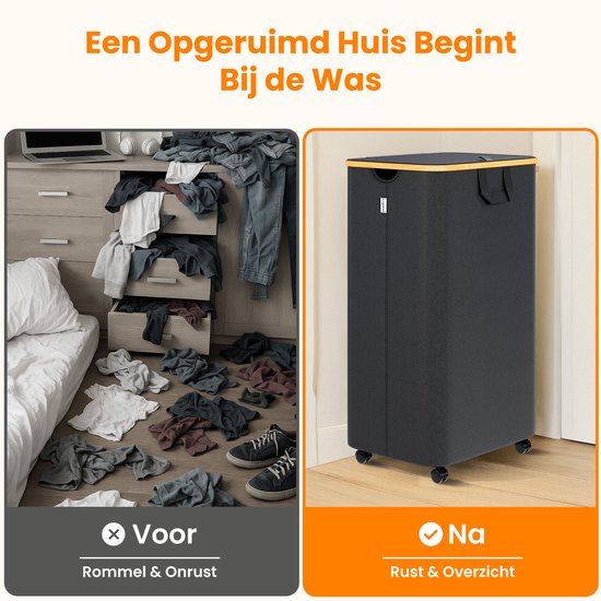 Posity Wasmand op Wielen – 100 Liter – Opvouwbaar – Wasmand Stof - Laundry Basket - Met Deksel & Handvaten - Bamboe - Incl. Waszak - Zwart