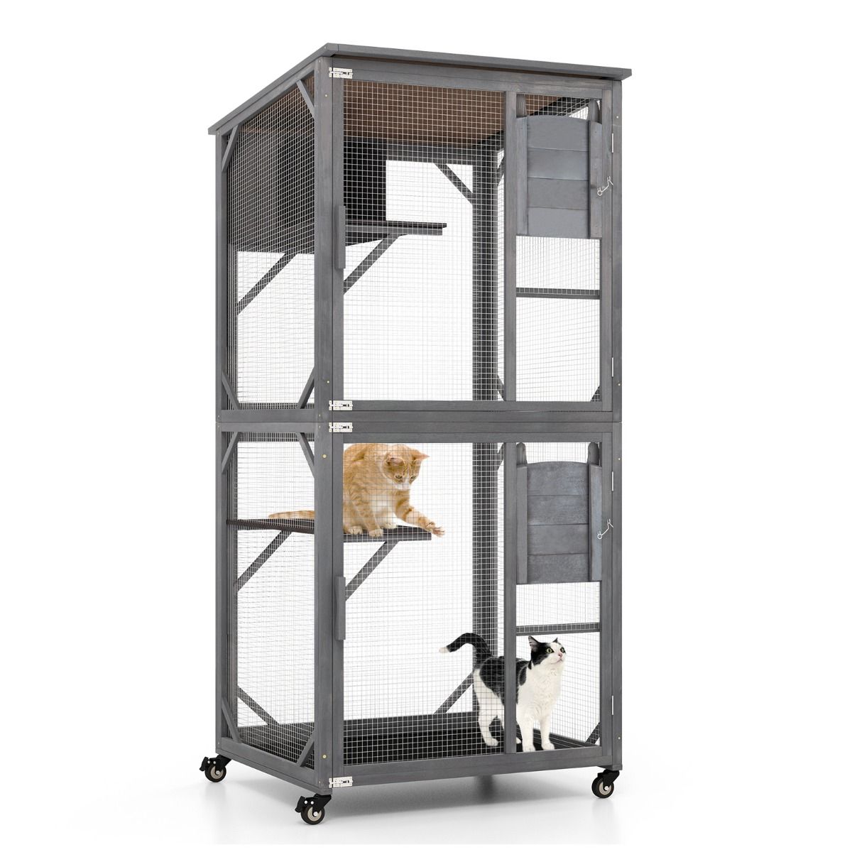 Coast Houten Kattenhuis - Weerbestendig asfaltdak - Met wielen en platforms - Grijs 80 x 70 x 182 cm