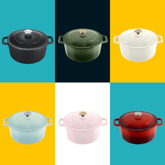 MOA Gietijzeren Braadpan - 5,7L - Voor Alle Warmtebronnen incl. Inductie - Met Deksel - Ø 26cm - Anti-Aanbaklaag - Wit
