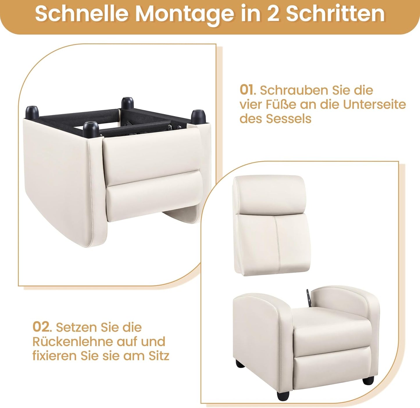 Yaheetech Relaxstoel met Ligfunctie - Verstelbare Fauteuil van Kunstleer - Pocketveren - Beige - 3 Zit- en Ligstanden