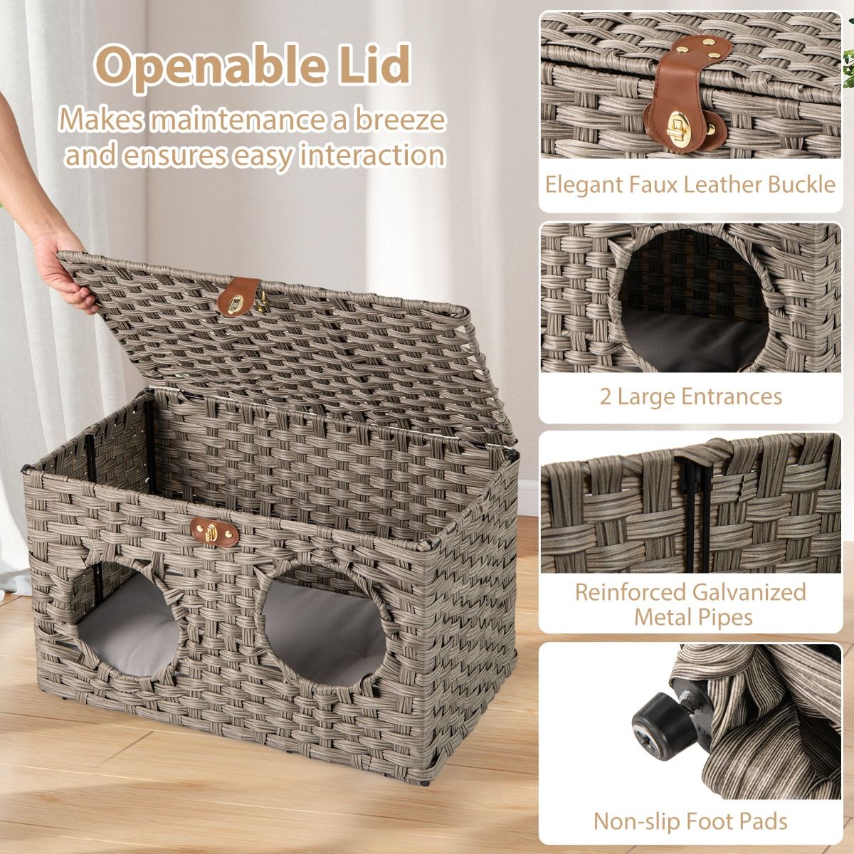Coast Kattenhuis van riet - opvouwbaar kattenbed - afneembaar kussen - afsluitbaar deksel - 60 x 35 x 35 cm